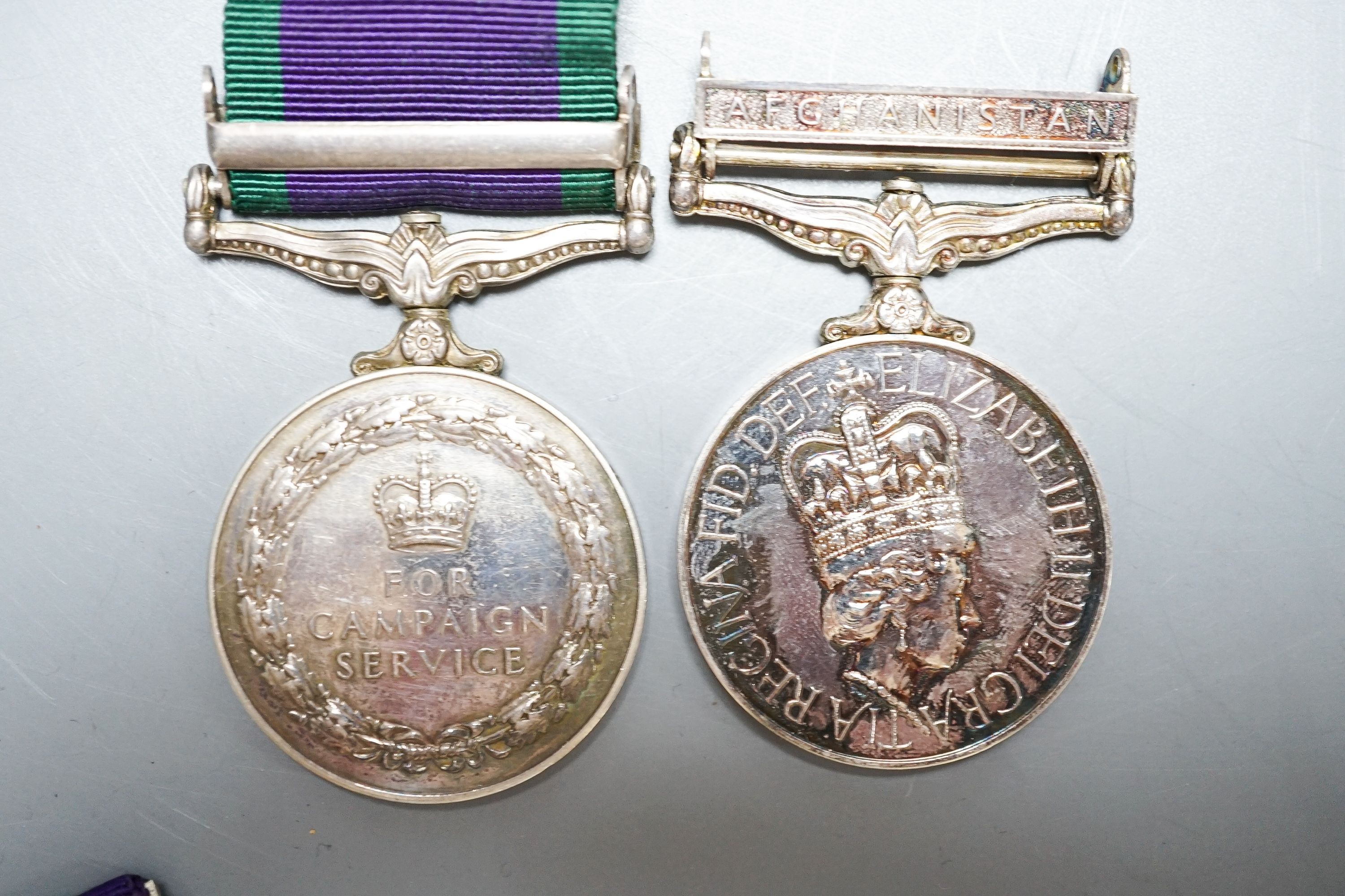 Various QEII medals to include GSM with Northern Ireland clasp to D8008248 SAC R. GILBERT RAF, Afghanistan OSM To 24795570 SGT A. J. PUGSLEY RAMC (R), together with George VI and QEII miniature GSM etc.